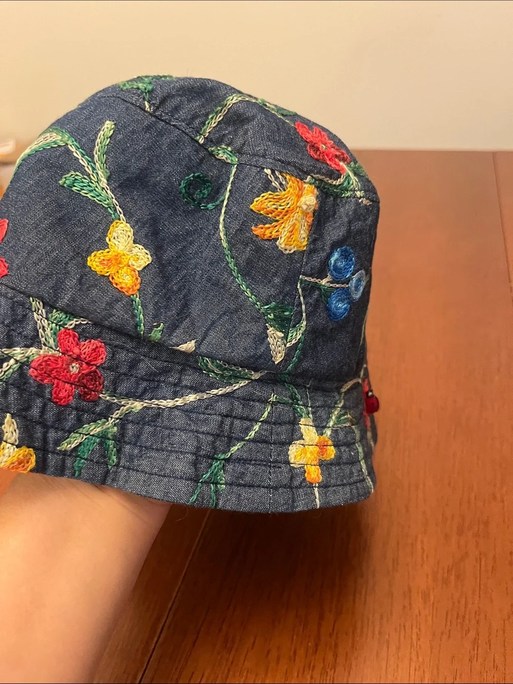 Embroidered Floral Denim Bucket Hat - Navy reversible kids